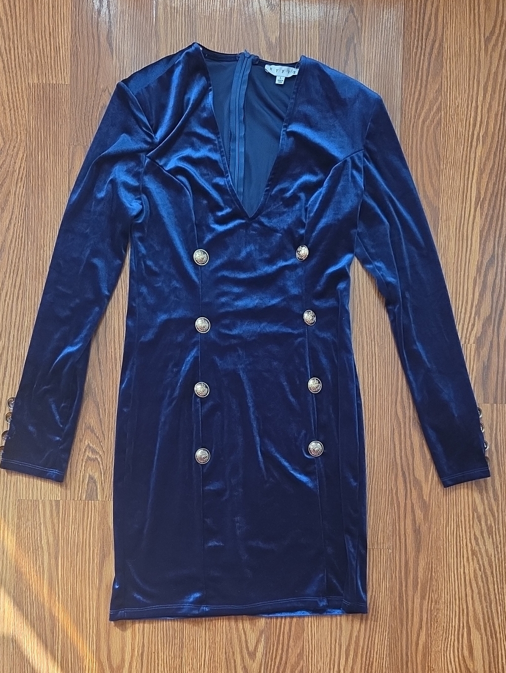 HYFVE Navy Blue Velvet Long Sleeve Double Breasted Party Dress